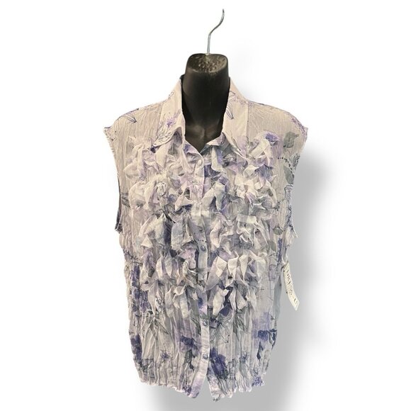 90's U Dress By Sharon Sleeveless Purple Metallic Thread Ruffled Top New Large - Picture 1 of 12